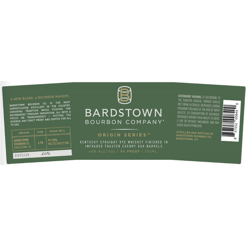 Bardstown Bourbon Origin Series Rye Finished in Infrared Toasted Cherry Oak