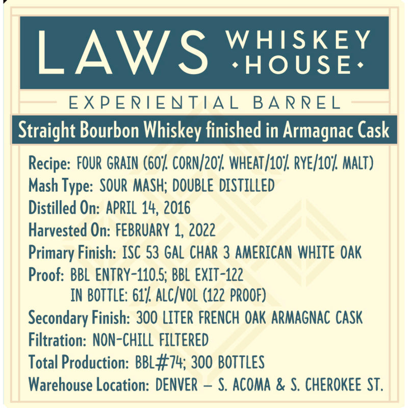 Laws Experiential Barrel Straight Bourbon Finished in Armagnac Cask