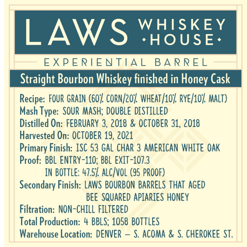 Laws Experiential Barrel Straight Bourbon Finished in Honey Cask
